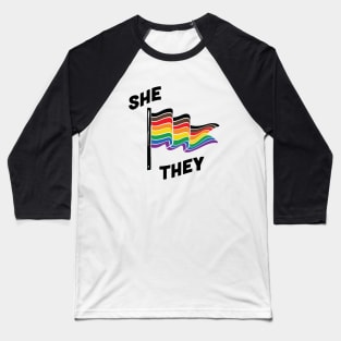 She/They Pronouns Retro Banner Baseball T-Shirt